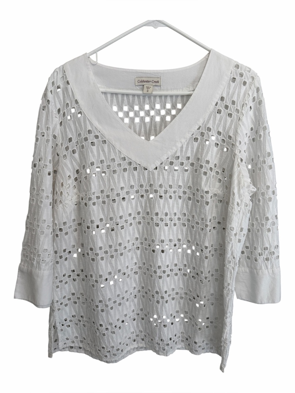 Coldwater Creek White Twill Eyelet V-Neck 3/4 Tunic Top. Size XL